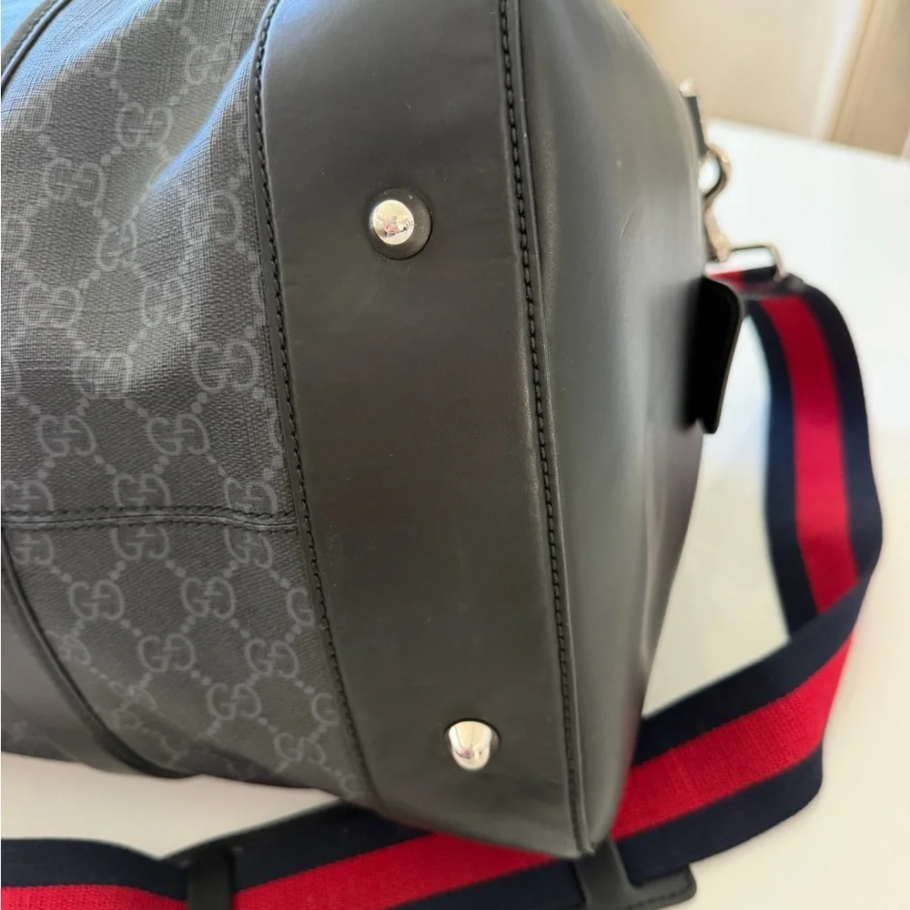 Gucci Black GG Canvas Weekend Duffel with Striped Web Strap